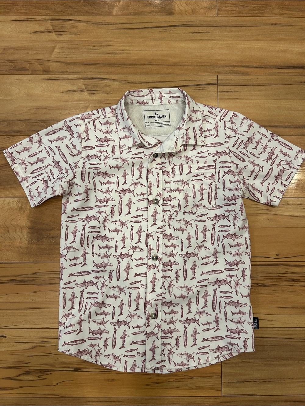 Eddie Bauer Boys White Short-Sleeve Shark Print Shirt Fishing Shirt